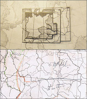 Top: A Robinson map depicts the boundaries of Europe before 1945, showing where cartographers zoomed in on maps by hand. Bottom: A map of Germany shows where President Roosevelt scribbled proposed boundaries for the post-war era.
