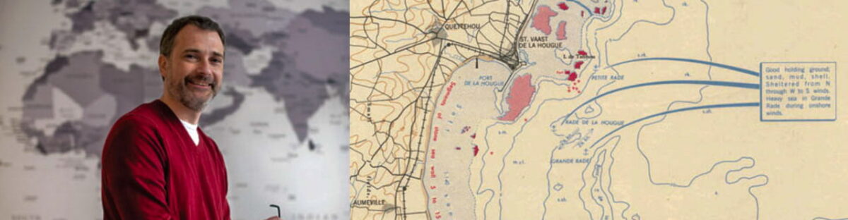 Jeremy Crampton, left; right: map of Normandy Beach, France, in preparation for D-Day.