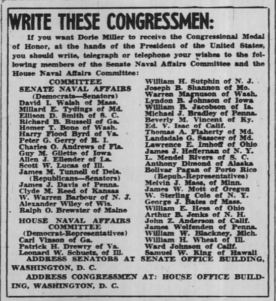 The Pittsburgh Courier, April 4, 1942, asking people to write to a list of congressmen to request that Doris "Dorie" Miller be cited for his bravery..