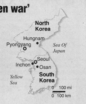 Map of North Korea and South Korea, showing the cities of Hungnam, Pyongyang, Seoul, Inchon and Osan